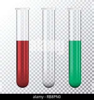 Set di illustrazione realistica di tre tubi di prova con il rosso sangue o fluido verde, isolato su sfondo trasparente - vettore Illustrazione Vettoriale