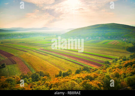 Vista dall'alto di campi agricoli con montagne in background sul soleggiato al mattino di autunno Foto Stock