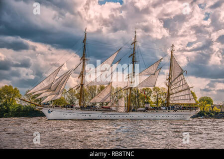 Tre alberi barque Gorch Fock entra nel porto di Amburgo durante il Festival di porto Foto Stock