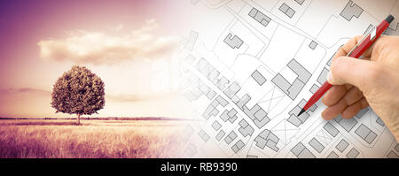 Disegno a mano di un immaginario mappa catastale del territorio con un albero in background - Concetto di immagine Foto Stock