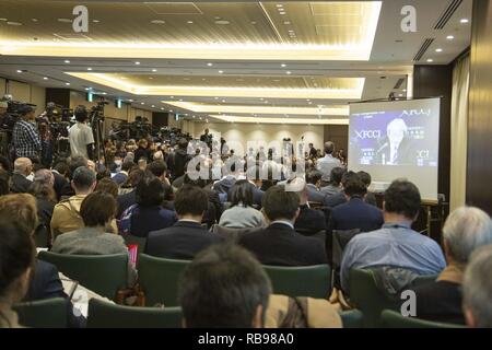 Tokyo, Giappone. Gen 8, 2019. Carlos Ghosn Chief avvocato Motonari Otsuru parla durante una conferenza stampa presso i corrispondenti stranieri' Club del Giappone a Tokyo. Otsuru ha parlato con i membri della stampa dopo l'ex presidente di Nissan Motor Co. Carlos Ghosn ha partecipato ad una audizione presso la corte distrettuale di Tokio, questo martedì mattina. Ghosn ha proclamato la sua innocenza al suo primo aspetto corte poiché egli è stato arresto in novembre per illeciti finanziari. Credito: Rodrigo Reyes Marin/ZUMA filo/Alamy Live News Foto Stock