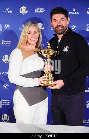 8 gennaio, 2019 Wentworth Golf Club Surrey UK Padraig Harrington (Irlanda) parla ai media come egli è l'annunzio oggi come il Next European Ryder Cup Captain, in occasione di una conferenza nella sala da ballo presso il famoso Wentworth Golf Club Foto Stock