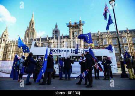 Londra, Regno Unito. Gen 8, 2019. Rimanere e lasciare i dimostranti continuano la loro protesta quotidiana di fronte alla sede del Parlamento. Credito: claire doherty/Alamy Live News Foto Stock