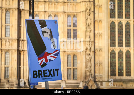 Westminster, Londra, Regno Unito. 08 gen 2019. Pro- e Anti-Brexit manifestanti continuano a dimostrare al di fuori della sede del parlamento di Westminster con bandiere e cartelli e canti. Forze di polizia hanno notevolmente aumentato la loro presenza a seguito di incidenti di aggressione di ieri. Credito: Imageplotter News e sport/Alamy Live News Foto Stock