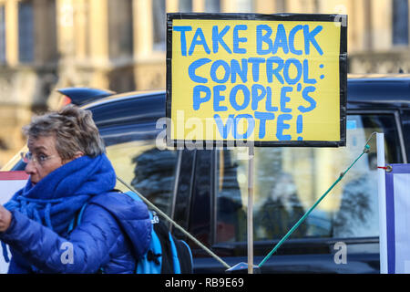 Westminster, Londra, Regno Unito. 08 gen 2019. Pro- e Anti-Brexit manifestanti continuano a dimostrare al di fuori della sede del parlamento di Westminster con bandiere e cartelli e canti. Forze di polizia hanno notevolmente aumentato la loro presenza a seguito di incidenti di aggressione di ieri. Credito: Imageplotter News e sport/Alamy Live News Foto Stock