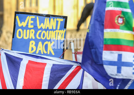 Westminster, Londra, Regno Unito. 08 gen 2019. Pro- e Anti-Brexit manifestanti continuano a dimostrare al di fuori della sede del parlamento di Westminster con bandiere e cartelli e canti. Forze di polizia hanno notevolmente aumentato la loro presenza a seguito di incidenti di aggressione di ieri. Credito: Imageplotter News e sport/Alamy Live News Foto Stock