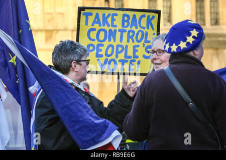 Westminster, Londra, Regno Unito. 08 gen 2019. Pro- e Anti-Brexit manifestanti continuano a dimostrare al di fuori della sede del parlamento di Westminster con bandiere e cartelli e canti. Forze di polizia hanno notevolmente aumentato la loro presenza a seguito di incidenti di aggressione di ieri. Credito: Imageplotter News e sport/Alamy Live News Foto Stock