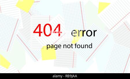 Messaggio di assistenza sul sito. Errore 404 - Pagina non trovata. Sullo sfondo sparsi in fogli di carta. Vettore. Illustrazione Vettoriale