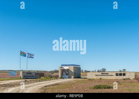 NIEUWOUDTSVILLE, SUD AFRICA, Agosto 29, 2018: ingresso al Hantam Giardino Botanico vicino Nieuwoudtville nel nord della provincia del Capo Foto Stock