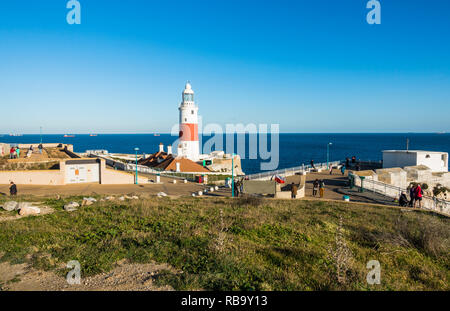 Rocca di Gibilterra. Faro, Europa Point Lighthouse, il faro della Trinità, oltremare sul territorio britannico, Gibilterra, UK, Penisola Iberica, l'Europa. Foto Stock