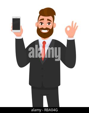 Uomo d'affari felice riuscito che mostra il telefono intelligente, il cellulare, il telefono delle cellule in mano e gesturing il segno giusto o OK. Bene, affare, accordo, approvazione, positivo Illustrazione Vettoriale