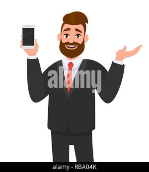 Un uomo d'affari felice che mostra o tiene in mano smartphone, cellulare, telefono cellulare e una mano gesturante per copiare lo spazio. Emozione umana. Illustrazione Vettoriale