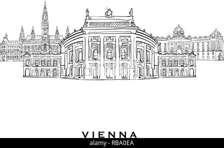 Vienna Austria famosa architettura. Delineato lo schizzo di vettore separato su sfondo bianco. Disegni di architettura di tutte le capitali europee. Illustrazione Vettoriale