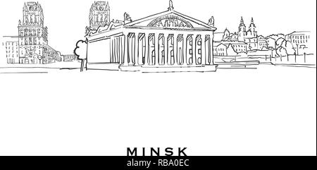 Bielorussia Minsk famosa architettura. Delineato lo schizzo di vettore separato su sfondo bianco. Disegni di architettura di tutte le capitali europee. Illustrazione Vettoriale