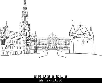 Bruxelles Belgio famosa architettura. Delineato lo schizzo di vettore separato su sfondo bianco. Disegni di architettura di tutte le capitali europee. Illustrazione Vettoriale