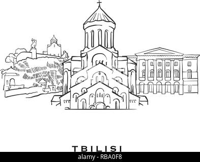 Tbilisi Georgia famosa architettura. Delineato lo schizzo di vettore separato su sfondo bianco. Disegni di architettura di tutte le capitali europee. Illustrazione Vettoriale