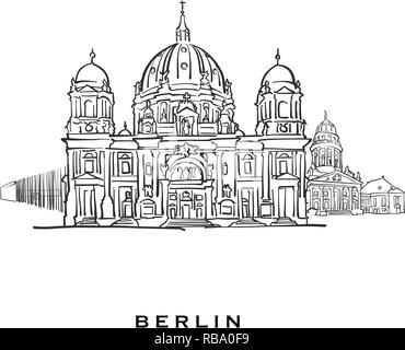 Berlino Germania famosa architettura. Delineato lo schizzo di vettore separato su sfondo bianco. Disegni di architettura di tutte le capitali europee. Illustrazione Vettoriale