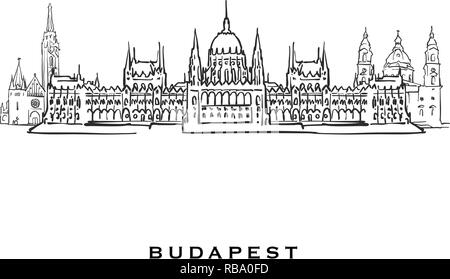 Budapest Ungheria famosa architettura. Delineato lo schizzo di vettore separato su sfondo bianco. Disegni di architettura di tutte le capitali europee. Illustrazione Vettoriale