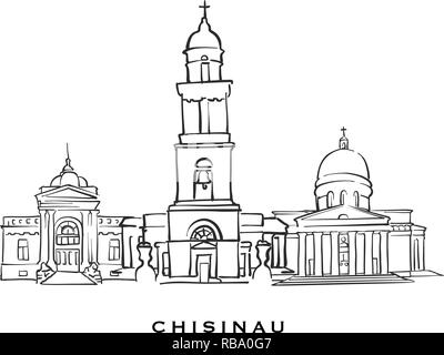 Chisinau Moldova famosa architettura. Delineato lo schizzo di vettore separato su sfondo bianco. Disegni di architettura di tutte le capitali europee. Illustrazione Vettoriale