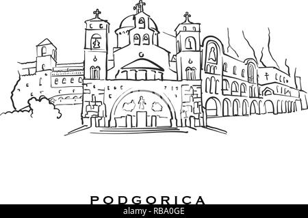 Podgorica Montenegro famosa architettura. Delineato lo schizzo di vettore separato su sfondo bianco. Disegni di architettura di tutte le capitali europee. Illustrazione Vettoriale