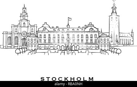 Stoccolma Svezia famosa architettura. Delineato lo schizzo di vettore separato su sfondo bianco. Disegni di architettura di tutte le capitali europee. Illustrazione Vettoriale