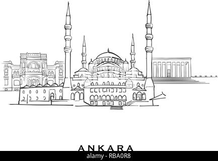 Ankara Turchia famosa architettura. Delineato lo schizzo di vettore separato su sfondo bianco. Disegni di architettura di tutte le capitali europee. Illustrazione Vettoriale