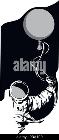 Disegnata a mano astronauta con un palloncino in mano su sfondo nero. Per i poster, la decorazione e la stampa. Illustrazione Vettoriale Illustrazione Vettoriale