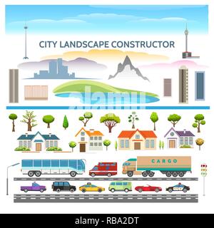 Costruttore del paesaggio. Città vettore costruttore set di foresta con vari alberi e il lago, elementi della città case e automobili, illustrazione vettoriale Illustrazione Vettoriale