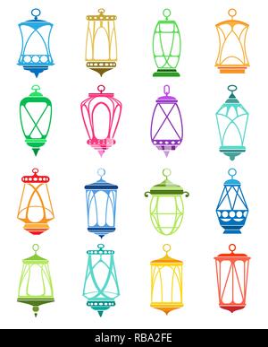 Il Ramadan lanterna icone vettoriali. Vecchia cultura islamica arabo luci, ramadan kareem lampioncini colorati isolati su sfondo bianco Illustrazione Vettoriale