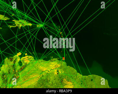 Caraibi sulla mappa digitale con le reti. Concetto di viaggi internazionali, la comunicazione e la tecnologia. 3D'illustrazione. Gli elementi di questa immagine arredare Foto Stock