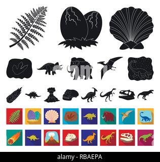 L'età,animale,antichità,l'arte,Black,appartamento,raccolta,design,dinosauro,dinosauri,l'uovo,eruzione,l'estinto,fiamma,footprint,fossili,gallimimus,erbivoro,uomo,icona,immagine,isolato,jurassic,logo,mammifero,mammoth,meteorite,parasaurolophus,periodo,impianto,preistoria,pterodactyloidea,rimane,rock,mare,seashell,impostare,segno,stegosaurus,pietra,il simbolo,triceratops,tirannosauro,vettore,vulcano,web vettori vettore , Illustrazione Vettoriale