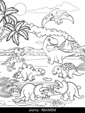 Cartoon di dinosauri preistorici scena paesaggio Illustrazione Vettoriale