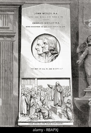 Il monumento al Wesleys nella navata di Westminster Abbey, City of Westminster, Londra, Inghilterra. John Wesley, 1703-1791. Inglese Chierico teologo e. Charles Wesley, 1708 - 1788. Inglese leader del Movimento Medthodist. Da Londra Foto, pubblicato 1890 Foto Stock