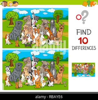 Illustrazione del fumetto di trovare dieci le differenze tra le immagini del gioco educativo per bambini con cani di razza animale caratteri Illustrazione Vettoriale