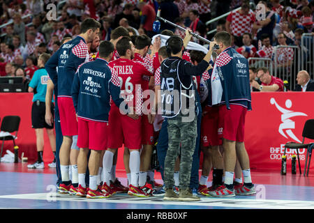 Zagabria, Croazia - 24 gennaio 2018: Campionati Europei negli uomini la pallamano, EHF EURO 2018 main round match Croazia vs. Francia 27:30. Lettore croato Foto Stock