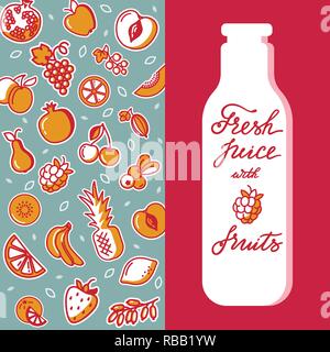 Modello con mano ha attirato frutti vertical pattern. In stile appartamento illustrazione vettore isolato su bianco. Vari prodotto organico di alimenti sani. Illustrazione Vettoriale