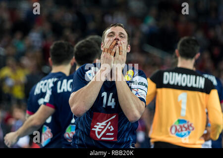 Zagabria, Croazia - 28 gennaio 2018: Campionati Europei negli uomini la pallamano, EHF EURO 2018 finals Francia - Danimarca 32:29. In Francia i giocatori celebrando Foto Stock