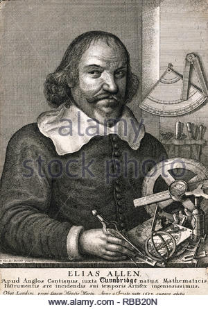 Elias Allen ritratto, 1588 - 1653, era un costruttore inglese di meridiane e strumenti scientifici, di attacco da incisore boemo Wenceslaus Hollar da 1600s Foto Stock