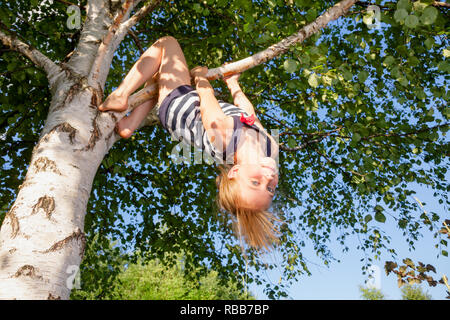 Basso angolo vista di felice ragazza appeso a testa in giù da un albero di betulla guardando la telecamera godendo di estate Foto Stock