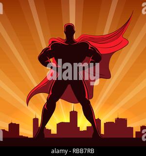 Silhouette di un supereroe in cappuccio rosso in piedi sul bordo di un edificio al tramonto. Illustrazione Vettoriale. Illustrazione Vettoriale