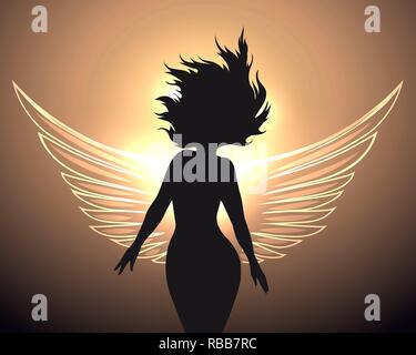 Donna con silhouettte incandescente ali d'angelo. Illustrazione Vettoriale. Illustrazione Vettoriale