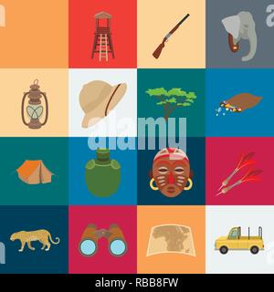 Africa,animale,bag,binocolo,auto,cartoon,raccolta,dart,difesa,diamanti,elephant,entertainment,attrezzature,pallone,hat,l'hobby,hunt,hunter,icona,immagine,isolato,kerosene,lampada,leopard,mappa,maschera,natura,fucile,safari,savana savana,,spaventapasseri,impostare,segno,lancia,il simbolo,tenda,Territorio,corsa,tree,tribù,trophy,tropici,vettore,torre di avvistamento,l'acqua,selvatica vettori vettore , Illustrazione Vettoriale