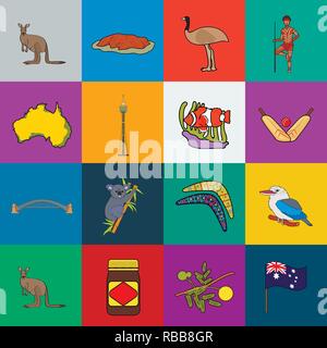 Aborigeno,anemone,attributi,l'australia,australian,ball,pipistrelli,boomerang,ramo,ponte,costruzione,cartoon,clownfish,raccolta,paese,cricket,attraversato,cultura, custom,design,funzioni,bandiera,cibo,porto,icona,immagine,interessante,isolato,kangaroo,koala,kookaburra,logo,mimosa,luogo,popolazione,regina,impostare,segno,seduta,distribuiti,sydney,il simbolo,Territorio,torre,corsa,uluru,vettore,victoria,web,giallo vettori vettore , Illustrazione Vettoriale