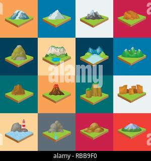 Apex,bay,boulder,cartoon,raccolta,cratere,design,terra,forest, ghiacciaio,l'erba,icona,immagine,isolato,vista isometrica,lago,terra,landmark,landscape,lava,layout,faro,logo,massiccio,mountain,ocean,PICCO, rilievo,relievo,fiume,rock,mare,impostare,segno,slice,pietra,stream, superficie,il simbolo,terreno,topografia,torre,vettore,vegetazione,vulcano,ondata,web vettori vettore , Illustrazione Vettoriale