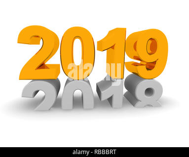 Anno nuovo concetto 2019 immagine 3D su uno sfondo bianco, rendering 3D Foto Stock