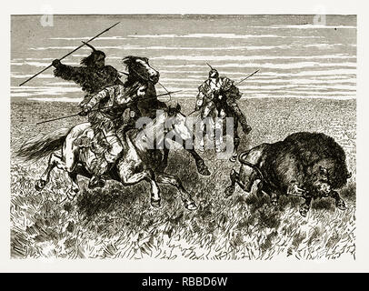 Gli indiani a caccia di bisonti, Nativi Americani incisione, 1887 Foto Stock