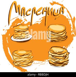 Shrovetide Maslenitsa o. Frittelle con disegnati a mano scritte con la luce del sole sullo sfondo. Scheda con testo russo. Cyrillis lettere. Traduzione inglese: sh Illustrazione Vettoriale