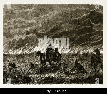 Partenza Poineer Wildfire per la caccia, Indiani Americani incisione, 1867 Foto Stock