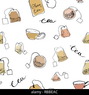 Tema del tè seamless pattern. Disegnate a mano inchiostro bustine di tè e tazze su uno sfondo bianco. Illustrazione Vettoriale Illustrazione Vettoriale