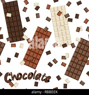 Modello senza giunture di intere e pezzi di cioccolato, scritte. World Chocolate giorno. Illustrazione Vettoriale Illustrazione Vettoriale